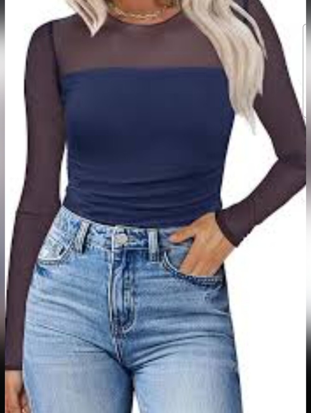 Sheer-Panel Navy Long Sleeve Women's Top